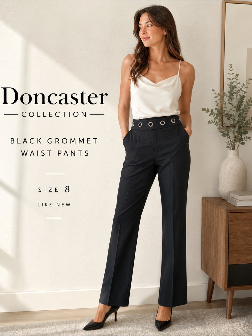 Doncaster Collection Black Grommet Waist Pants Size 8
